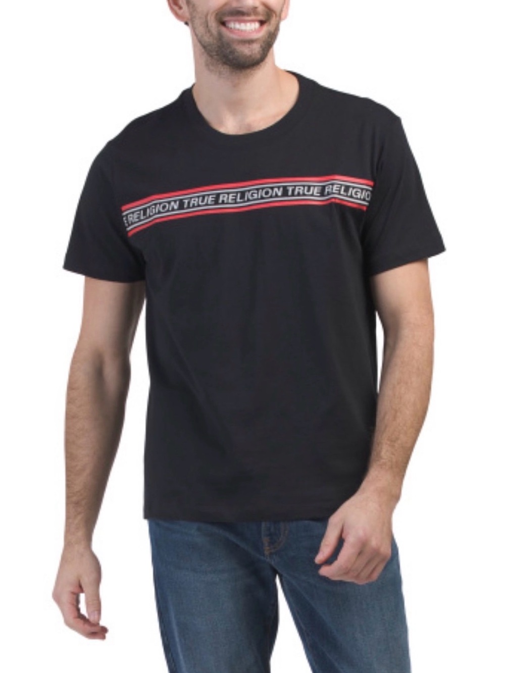 True Religion Black Tee with Red and White Logo Stripe -NWT Sz M, L, XL